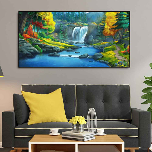 A Beautiful Scenery of Waterfall In Forest Canvas Wall Painting