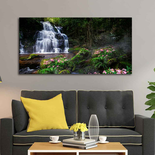 A Beautiful Waterfall in Forest Premium Canvas Wall Painting