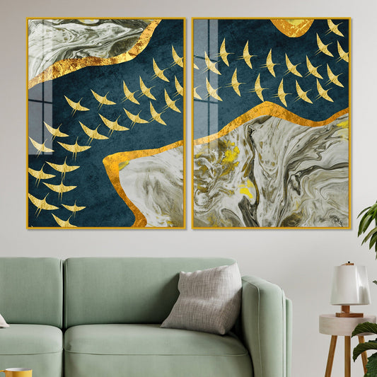 A Flock of Golden Birds Acrylic Floating Wall Painting Set of 2