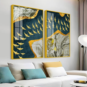 A Flock of Golden Birds Acrylic Floating Wall Painting Set of 2