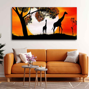 A Pair of Giraffe under a Tree in Sunset Canvas Wall Painting