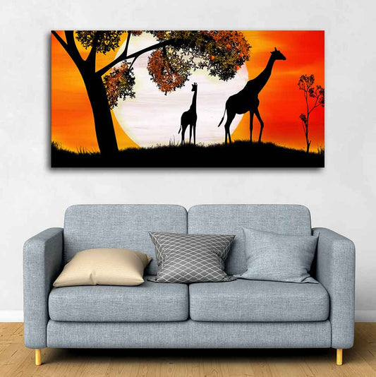 A Pair of Giraffe under a Tree in Sunset Canvas Wall Painting