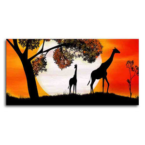 A Pair of Giraffe under a Tree in Sunset Canvas Wall Painting