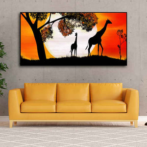 A Pair of Giraffe under a Tree in Sunset Canvas Wall Painting