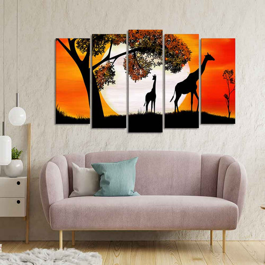 A Pair of Giraffe under a Tree in Sunset Canvas Wall Painting of Five Pieces