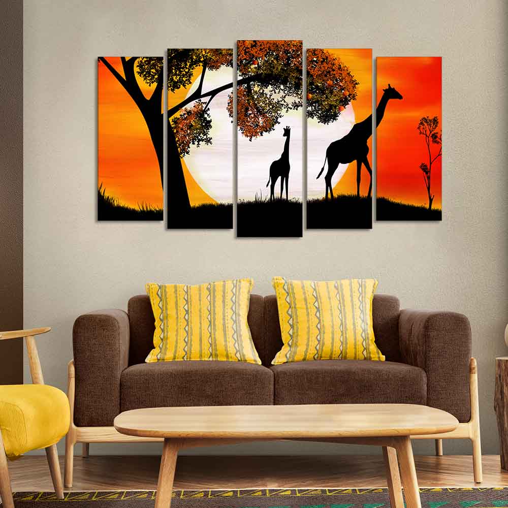 A Pair of Giraffe under a Tree in Sunset Canvas Wall Painting of Five Pieces