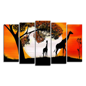 A Pair of Giraffe under a Tree in Sunset Canvas Wall Painting of Five Pieces