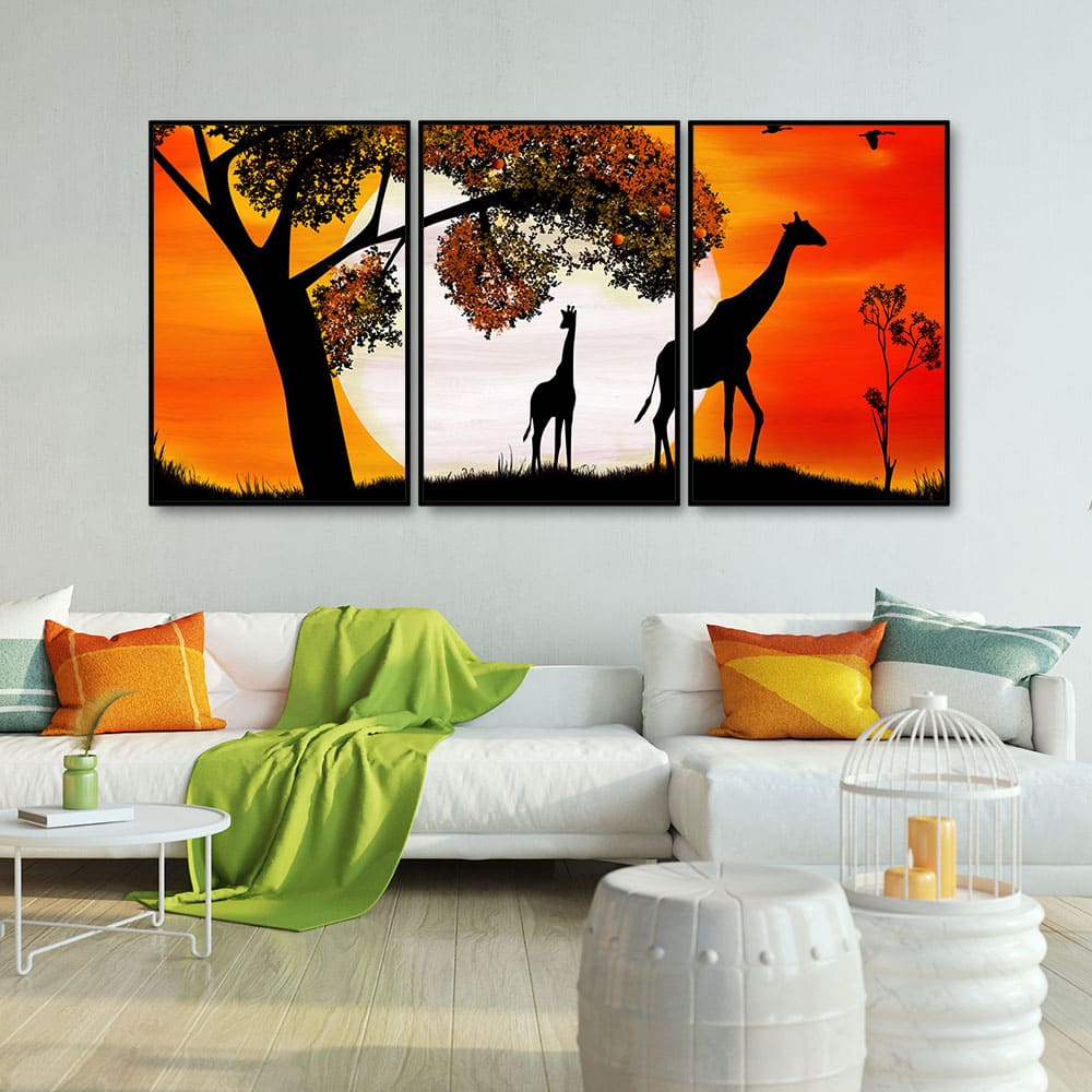 A Pair of Giraffe under a Tree in Sunset Floating Canvas Wall Painting Set of Three