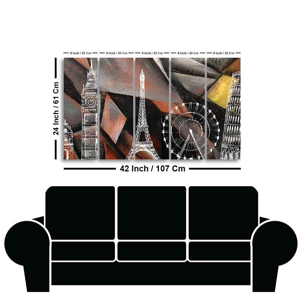 Abstract Art Famous Architectures Five Pieces Canvas Wall Painting