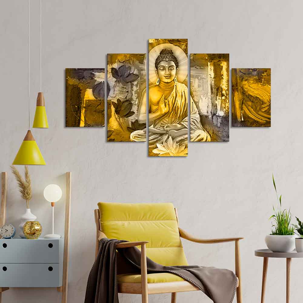 Abstract Art Meditating Lord Buddha Wall Painting Five Pieces