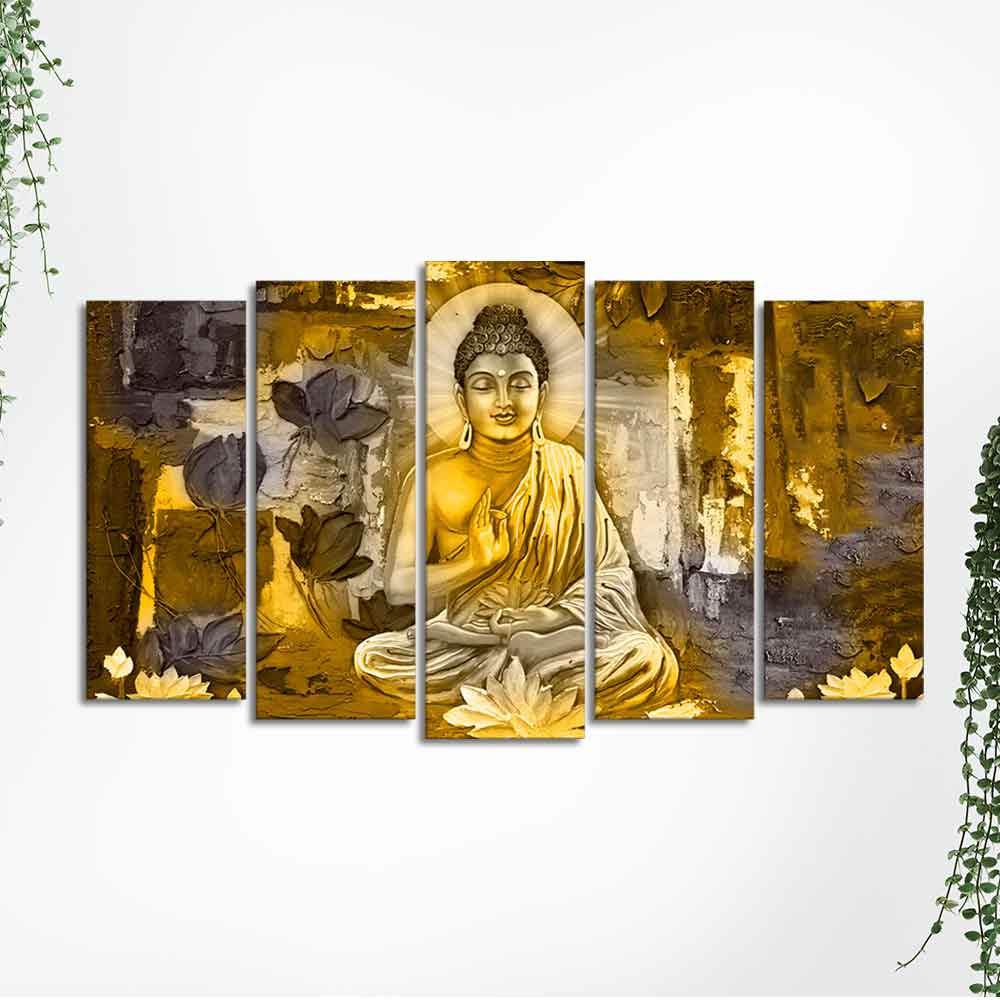 Abstract Art Meditating Lord Buddha Wall Painting Set of Five Pieces