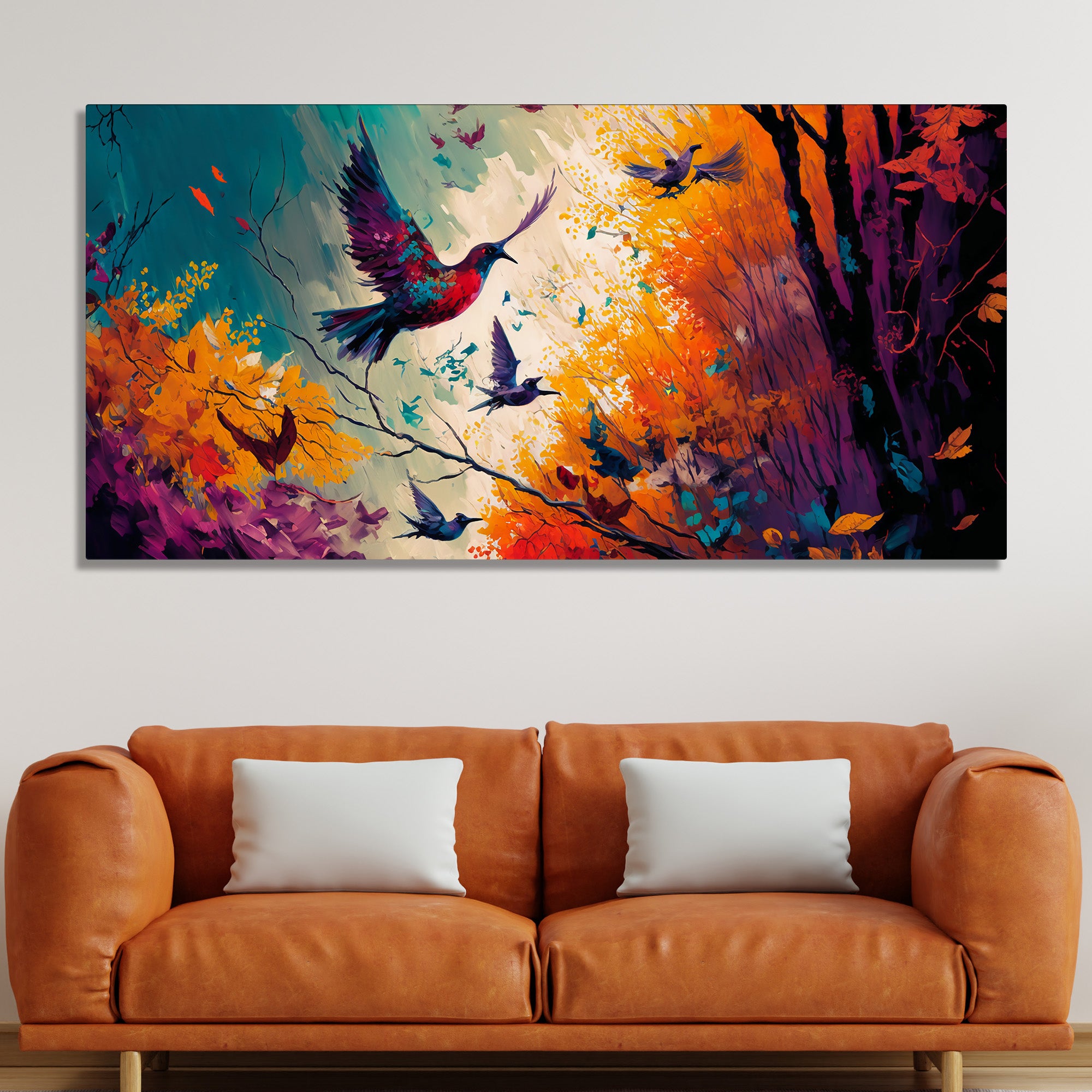 Birds in forest artwork