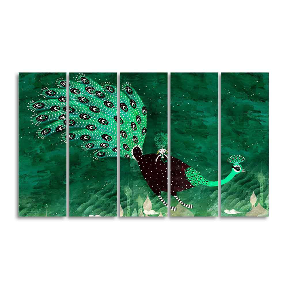 Abstract Art Peacock Canvas Wall Painting of 5 Pieces