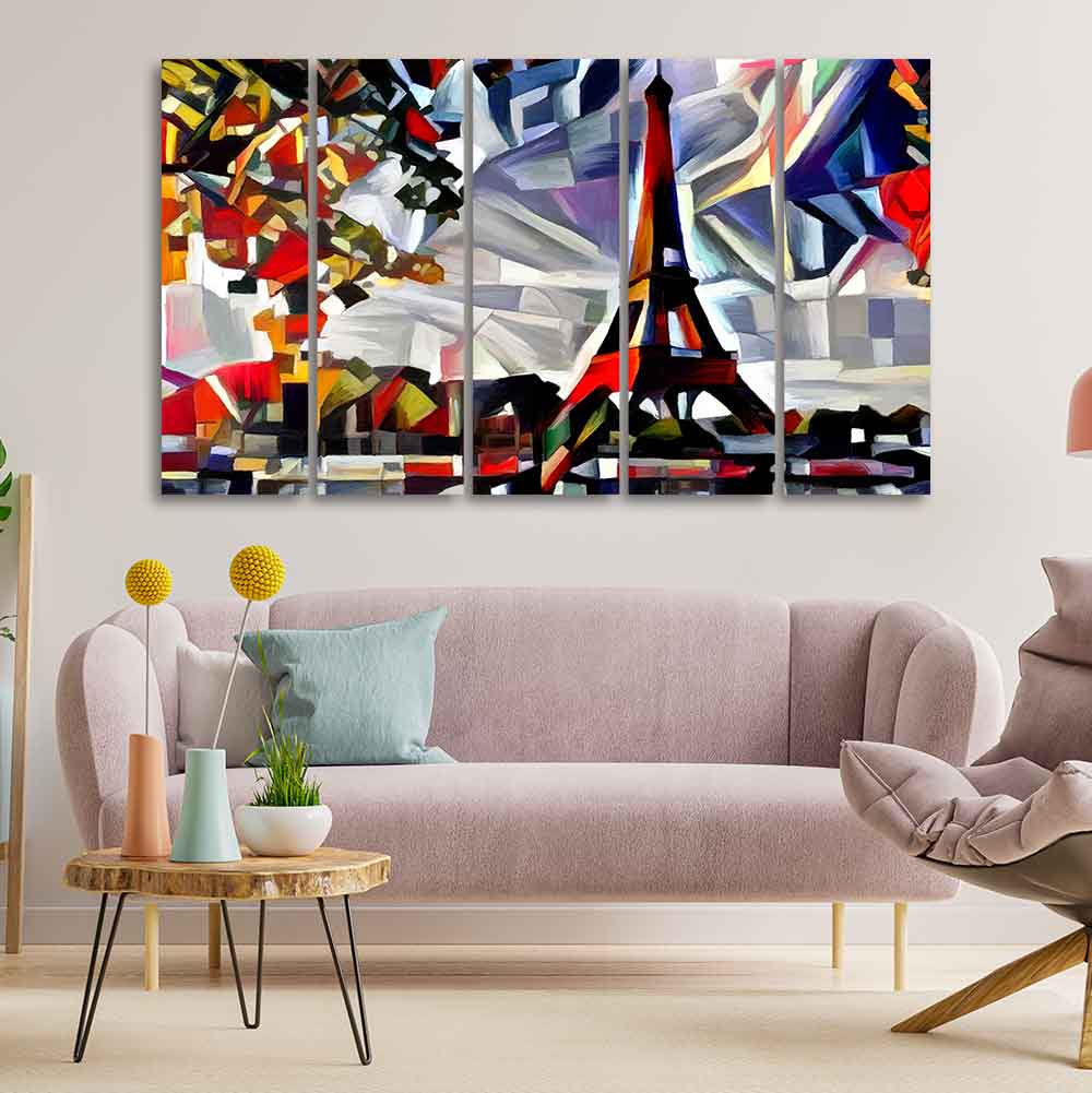 Abstract Art Premium Canvas Five Pieces Painting of Eiffel Tower in Paris