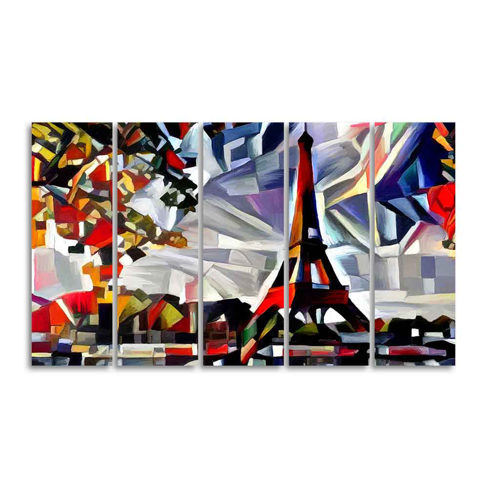 Abstract Art Premium Canvas Five Pieces Painting of Eiffel Tower in Paris