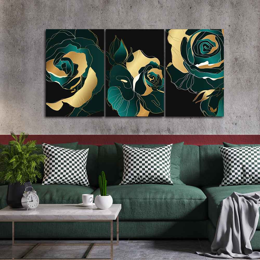 Abstract Line Art Rose Flower Wall Painting of 3 Pieces