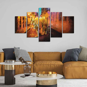 Abstract Art Tiger Walking on Street Canvas Wall Painting of Five Pieces