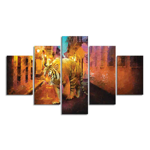 Abstract Art Tiger Walking on Street Canvas Wall Painting of Five Pieces