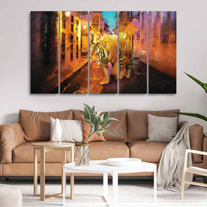 Abstract Art Tiger Walking on Street Five Pieces Canvas Wall Painting