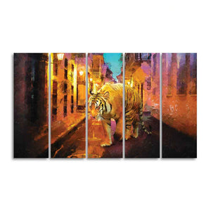 Abstract Art Tiger Walking on Street Five Pieces Canvas Wall Painting