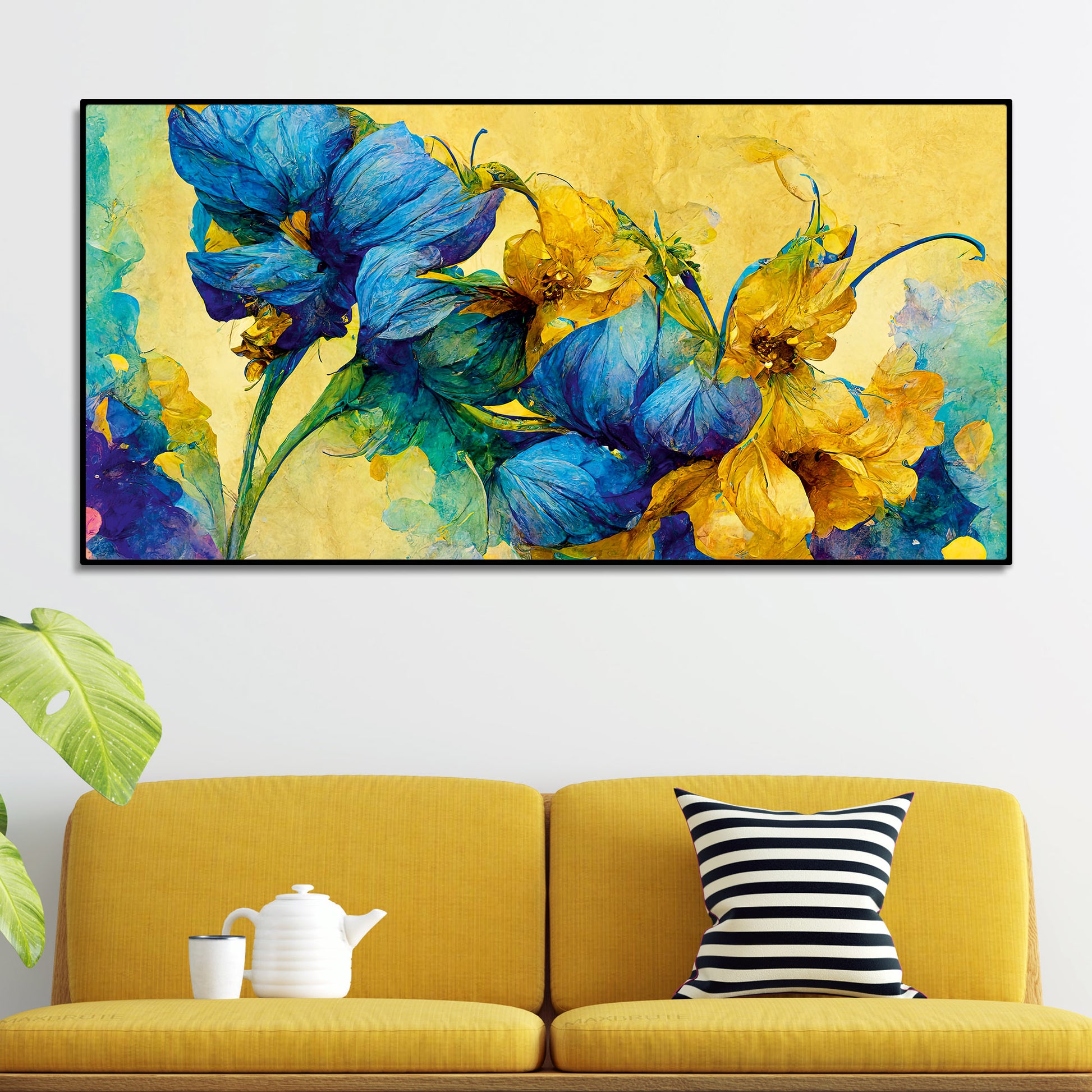 Abstract Blue and Gold Floral Art Canvas Wall Painting