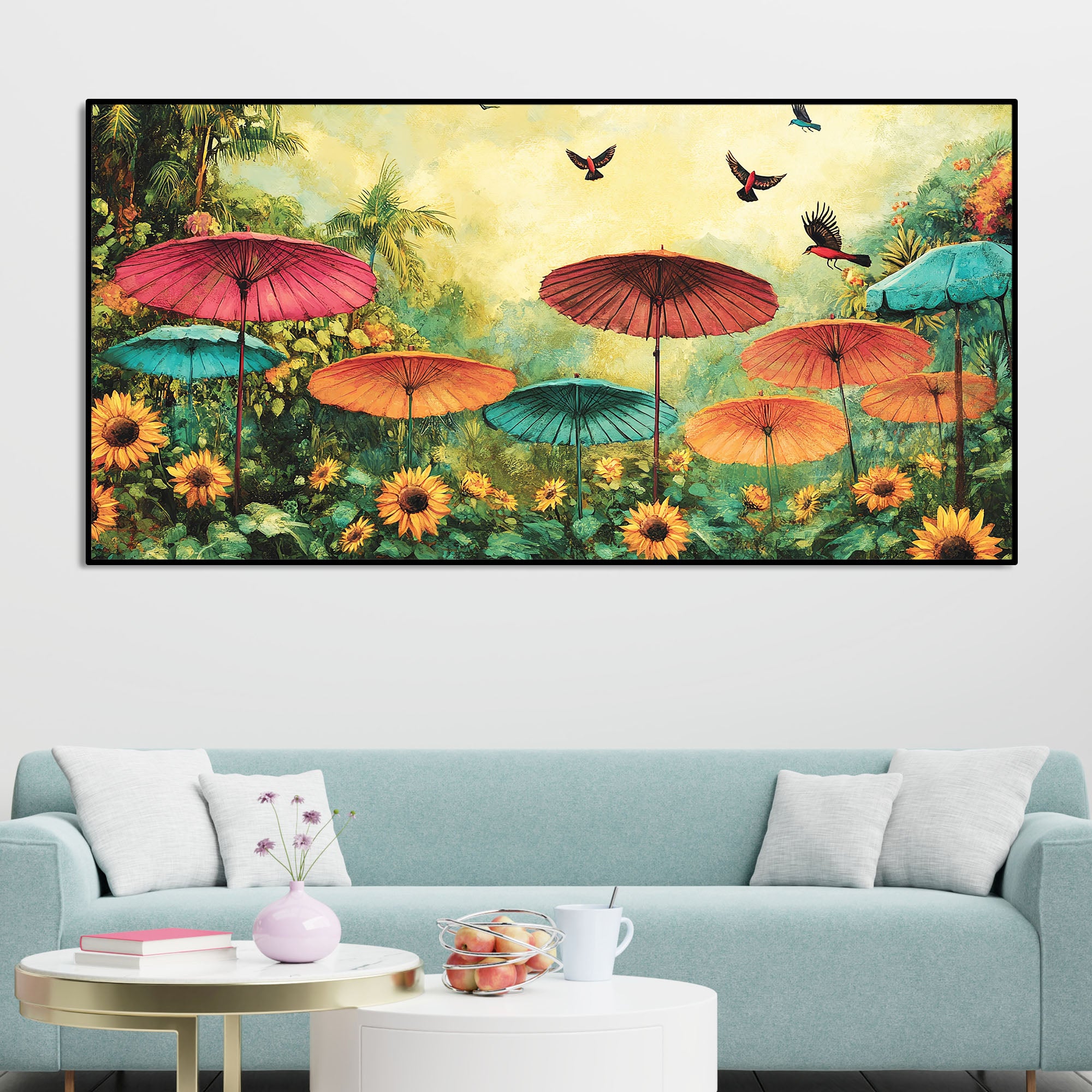 Abstract Colorful Umbrella with Wildflowers Nature Art Canvas Wall Painting