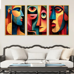 Abstract Cubist Faces Canvas Wall Painting Set of Three