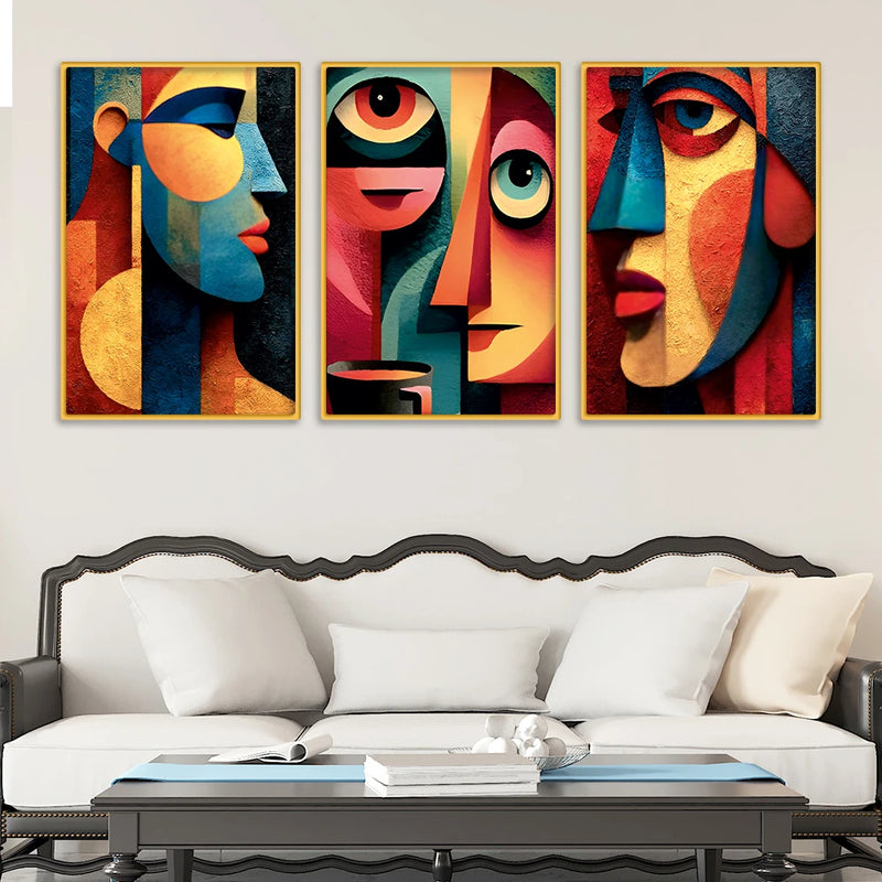 Abstract Cubist Faces Canvas Wall Painting Set of Three