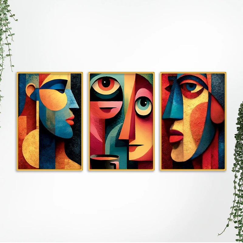 Abstract Cubist Faces Canvas Wall Painting Set of Three
