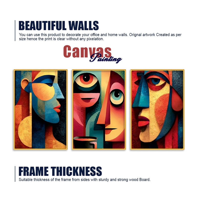 Abstract Cubist Faces Canvas Wall Painting Set of Three