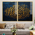 Abstract Dark Blue Background Golden Textured Acrylic Floating Wall Painting Set of 2