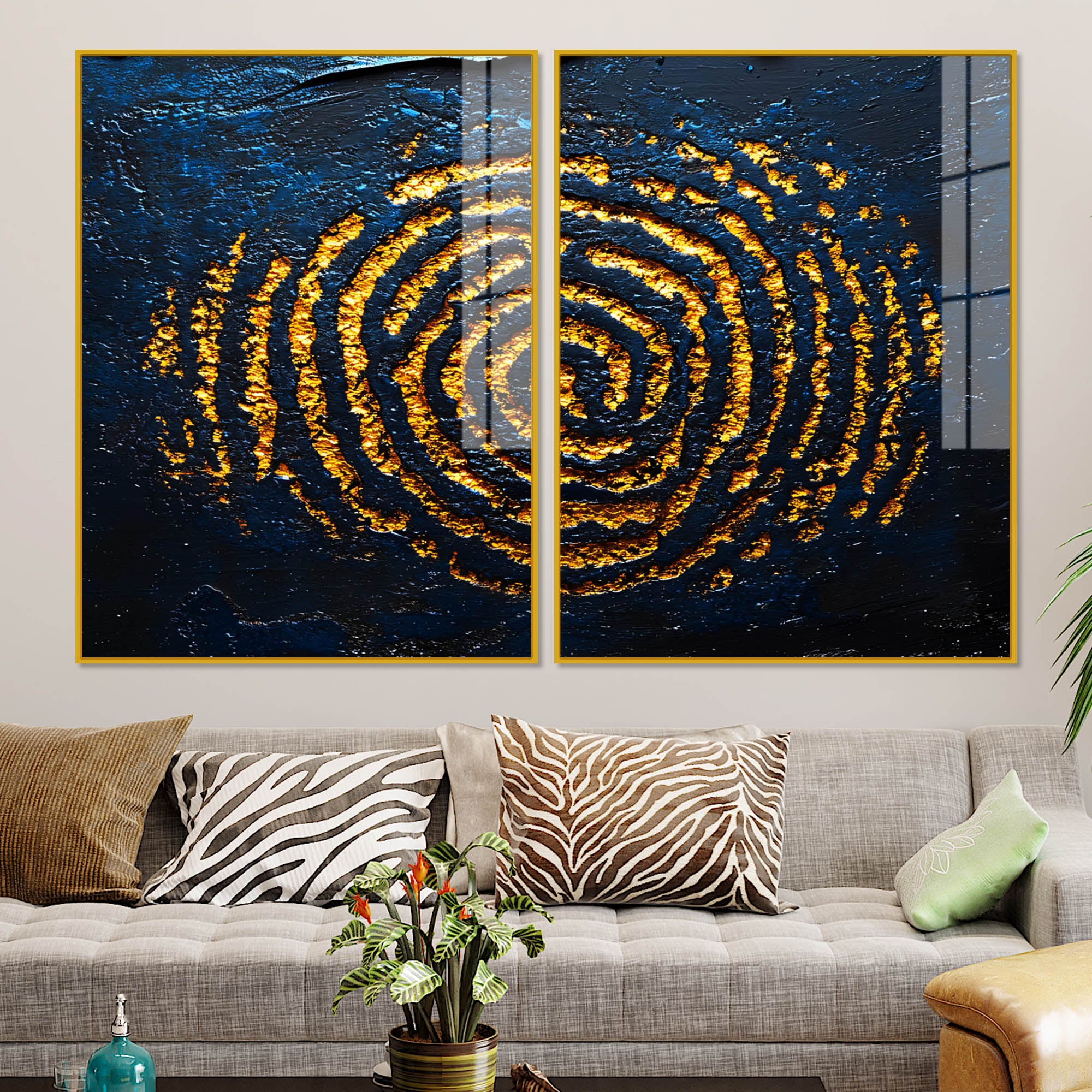 Abstract Dark Blue Background Golden Textured Acrylic Floating Wall Painting Set of 2