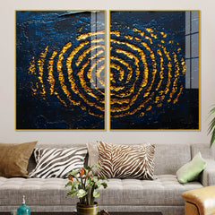 Abstract Dark Blue Background Golden Textured Acrylic Floating Wall Painting Set of 2