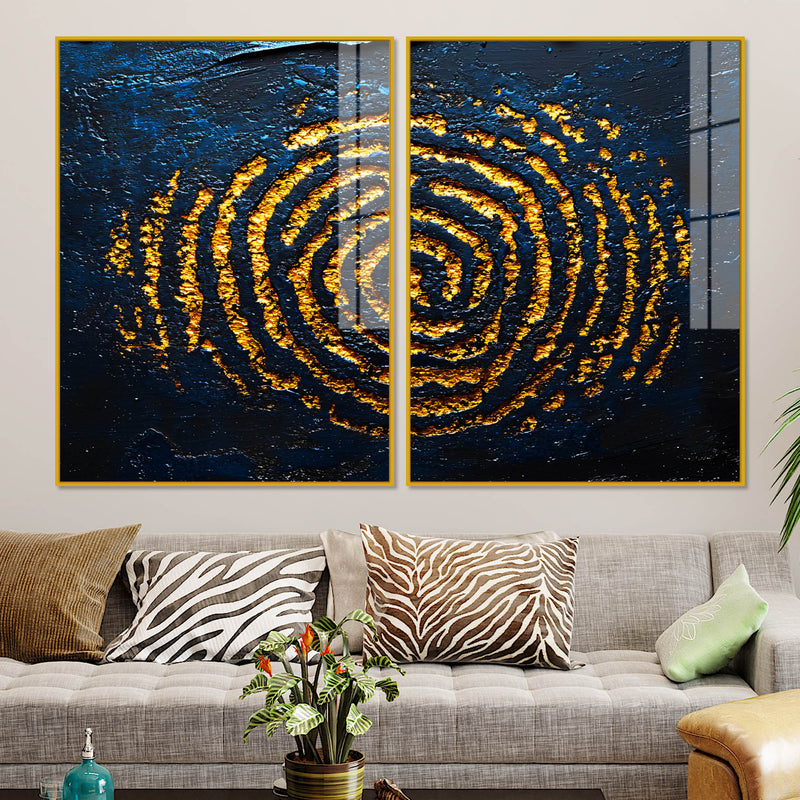 Abstract Dark Blue Background Golden Textured Acrylic Floating Wall Painting Set of 2