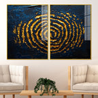 Abstract Dark Blue Background Golden Textured Acrylic Floating Wall Painting Set of 2