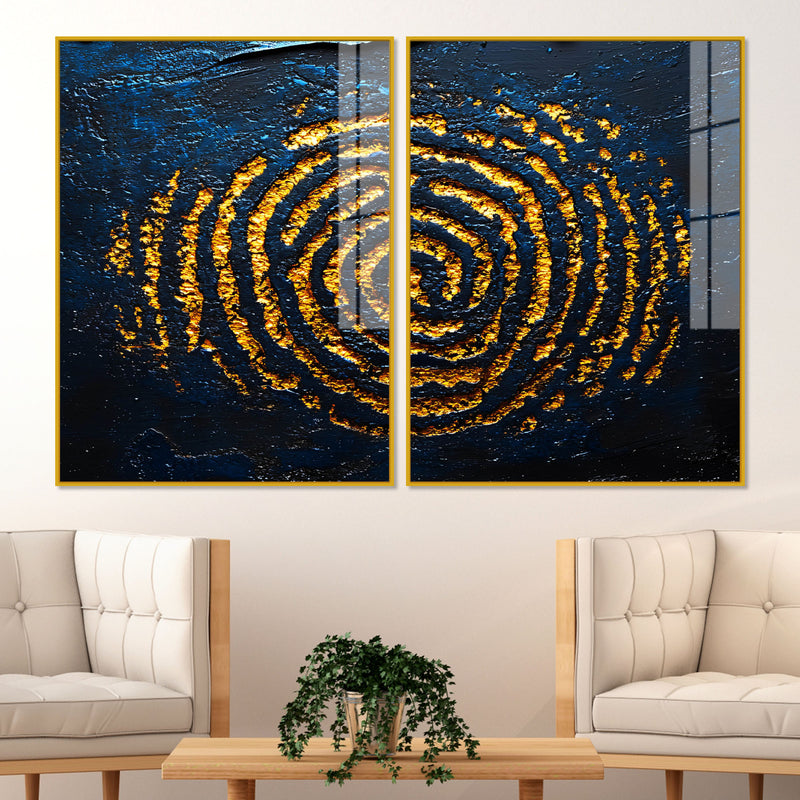 Abstract Dark Blue Background Golden Textured Acrylic Floating Wall Painting Set of 2