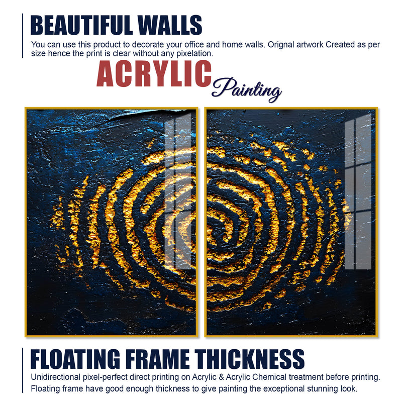 Abstract Dark Blue Background Golden Textured Acrylic Floating Wall Painting Set of 2