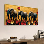 Abstract Elephant Trio and Flowers Artistic Canvas Wall Painting