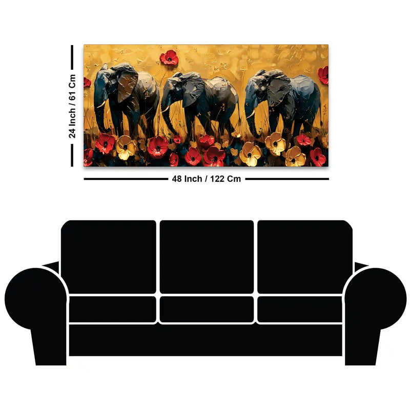 Abstract Elephant Trio and Flowers Artistic Canvas Wall Painting
