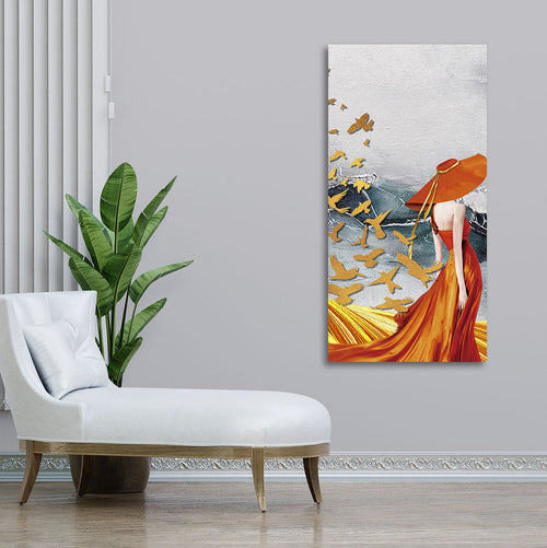 Abstract Fashion Woman in Golden Dress Canvas Wall Painting