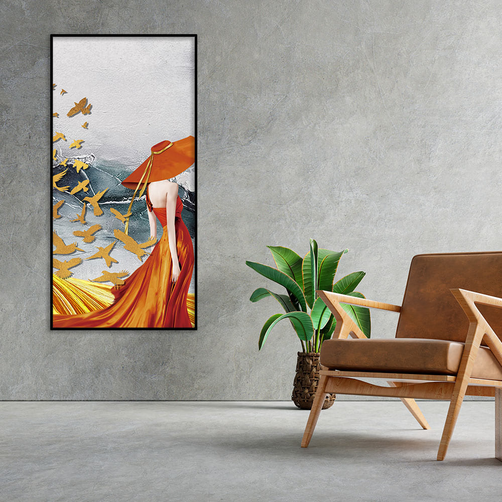 Abstract Fashion Woman in Golden Dress Canvas Wall Painting