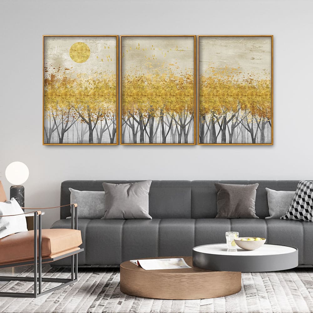 Abstract Forest Golden Leaf Art Premium Floating Canvas Wall Painting Set of Three