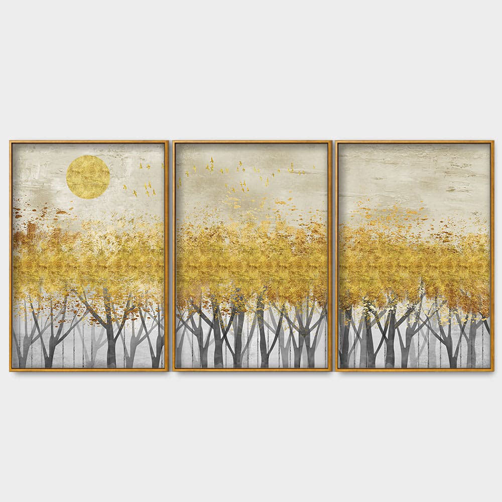 Abstract Forest Golden Leaf Art Premium Floating Canvas Wall Painting Set of Three