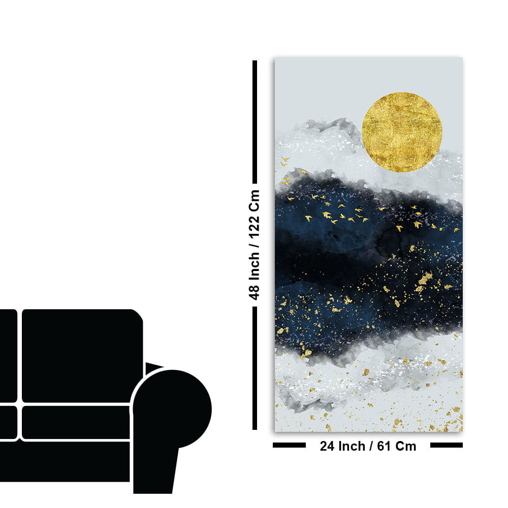 Abstract Gold Field Moon with Birds Canvas Wall Painting