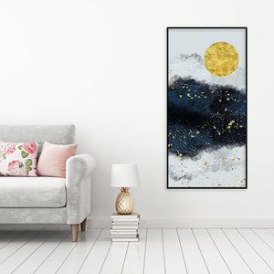 Abstract Gold Field Moon with Birds Canvas Wall Painting