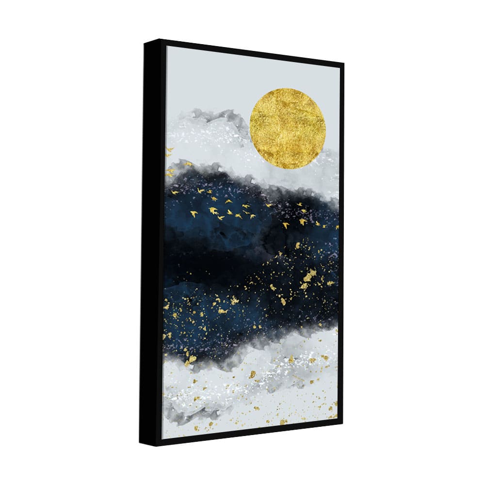 Abstract Gold Field Moon with Birds Canvas Wall Painting