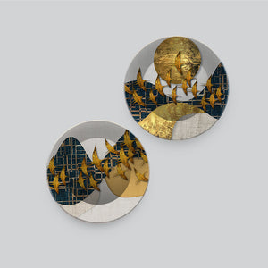 Abstract Golden Birds Flying Luxurious Art Wall Hanging Plates of Two Pieces