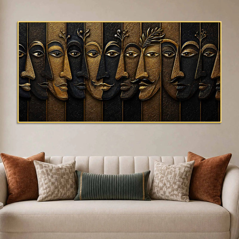 Abstract Golden Faces Black & Gold Metallic Look 3D Canvas Wall Painting