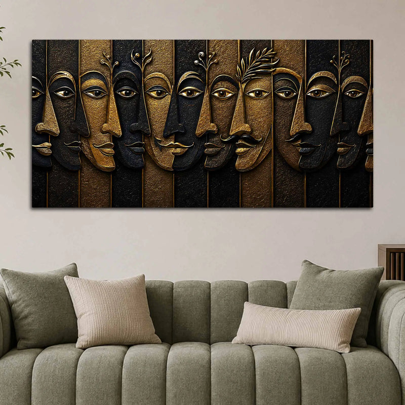 Abstract Golden Faces Black & Gold Metallic Look 3D Canvas Wall Painting