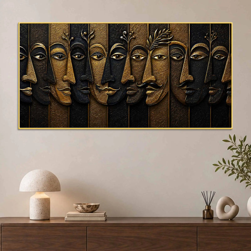 Abstract Golden Faces Black & Gold Metallic Look 3D Canvas Wall Painting